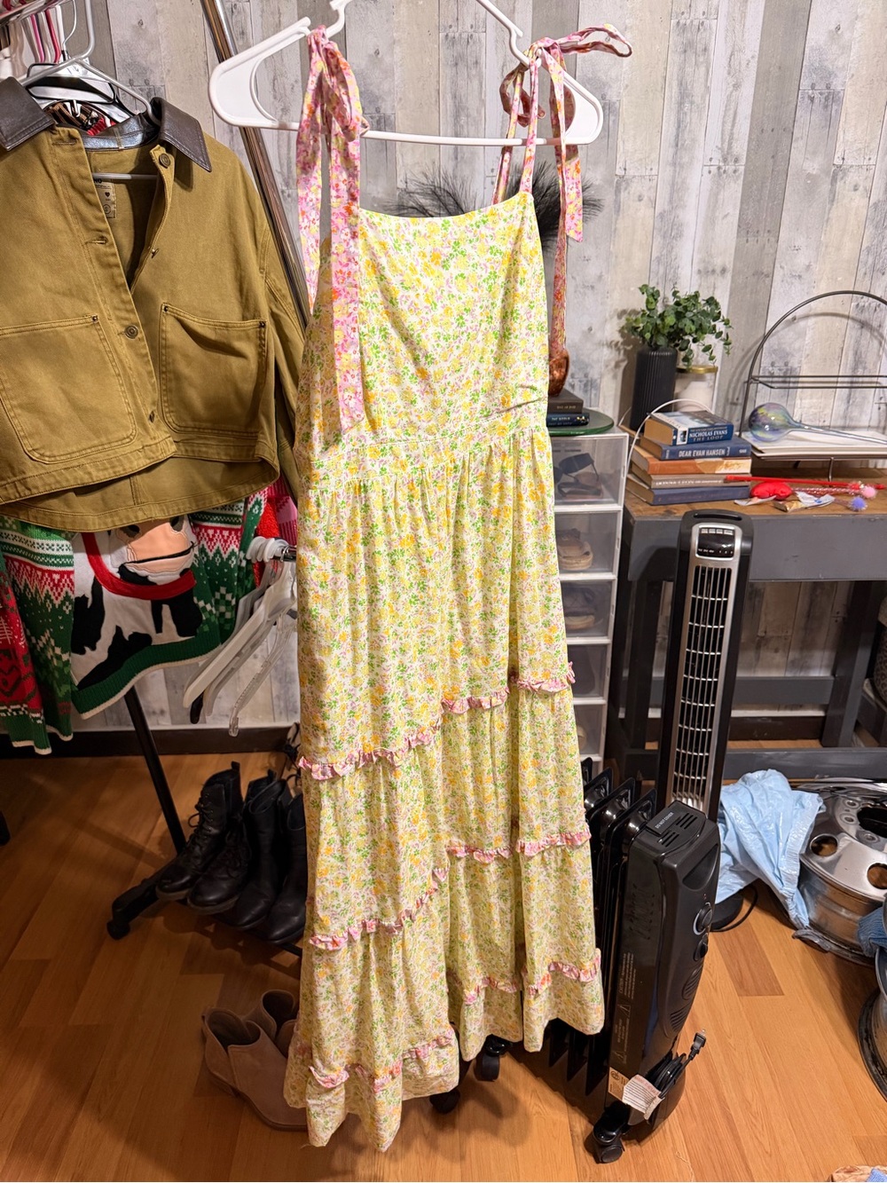 Lost + Wander Yellow Floral Tie-Shoulder Tiered Maxi Dress with Pink Accents